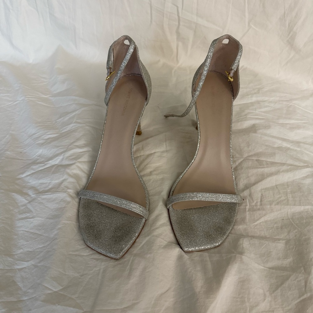 Stuart Weitzman Silver Heels (Nudistcurve Ankle Strap Sandal)